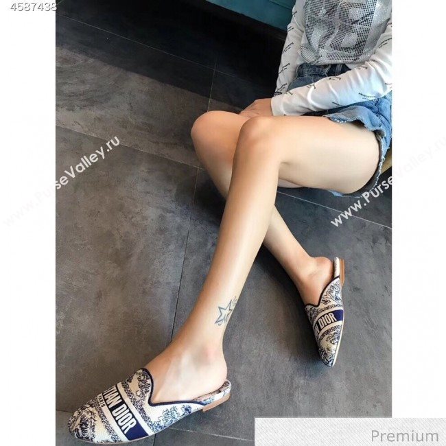 Dior Toile de Jouy Embroidered Canvas Flat Off Mules Blue 2020 (EM-20070406)