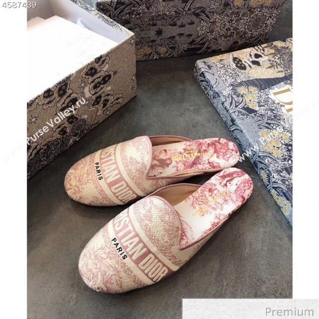 Dior Toile de Jouy Embroidered Canvas Flat Off Mules Pink 2020 (EM-20070404)