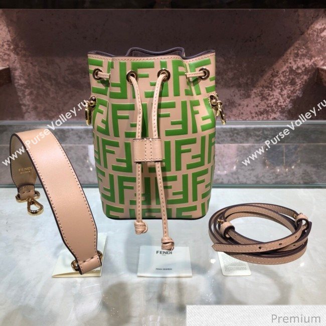 Fendi Mon Tresor Mini FF Leather Bucket Bag Beige/Green 2020 (AFEI-20071015)