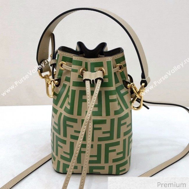Fendi Mon Tresor Mini FF Leather Bucket Bag Beige/Green 2020 (AFEI-20071015)