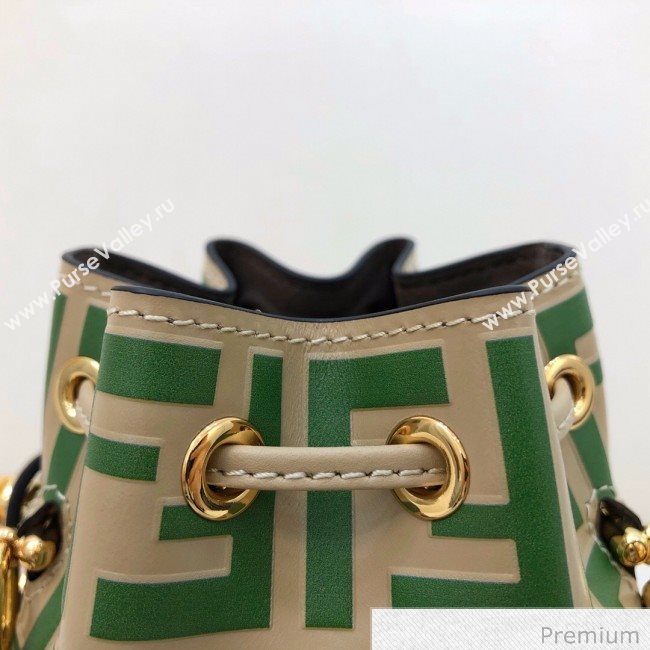 Fendi Mon Tresor Mini FF Leather Bucket Bag Beige/Green 2020 (AFEI-20071015)