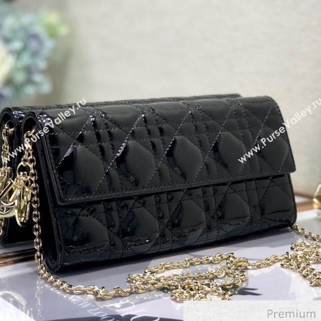 Dior Lady Dior Long Wallet on Chain WOC in Black Patent Cannage Calfskin 2020 (XXG-20071022)