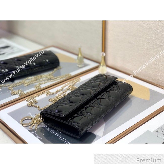 Dior Lady Dior Long Wallet on Chain WOC in Black Patent Cannage Calfskin 2020 (XXG-20071022)