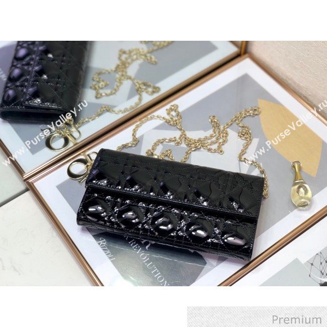 Dior Lady Dior Long Wallet on Chain WOC in Black Patent Cannage Calfskin 2020 (XXG-20071022)