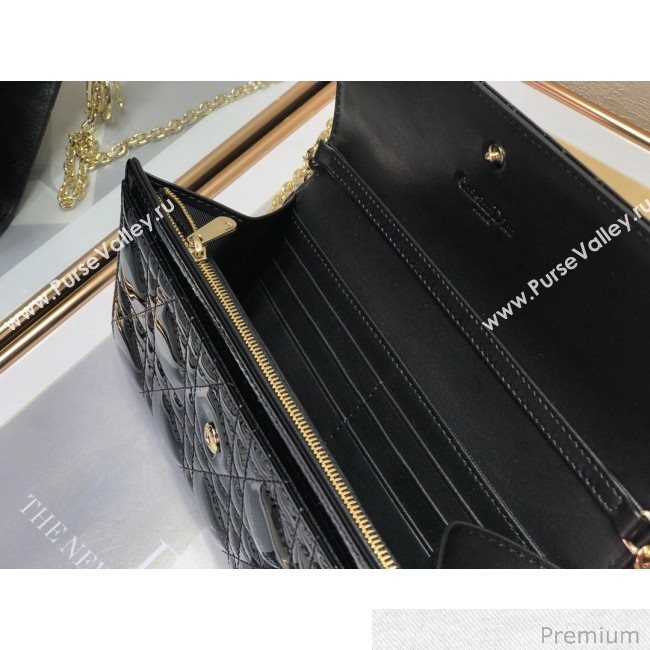 Dior Lady Dior Long Wallet on Chain WOC in Black Patent Cannage Calfskin 2020 (XXG-20071022)