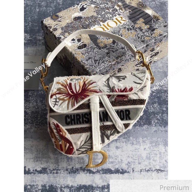 Dior White Camouflage Embroidery with Multicolor Flowers Saddle Bag 2020 (XXG-20071063)