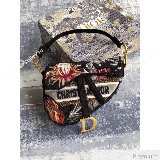 Dior Black Camouflage Embroidery with Multicolor Flowers Saddle Bag 2020 (XXG-20071064)