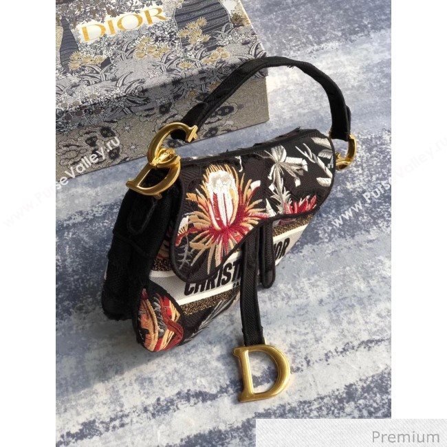 Dior Black Camouflage Embroidery with Multicolor Flowers Saddle Bag 2020 (XXG-20071064)