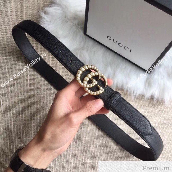 Gucci Leather Belt 20/30/40mm with Pearl GG Buckle Black 2020 (99-20070835)