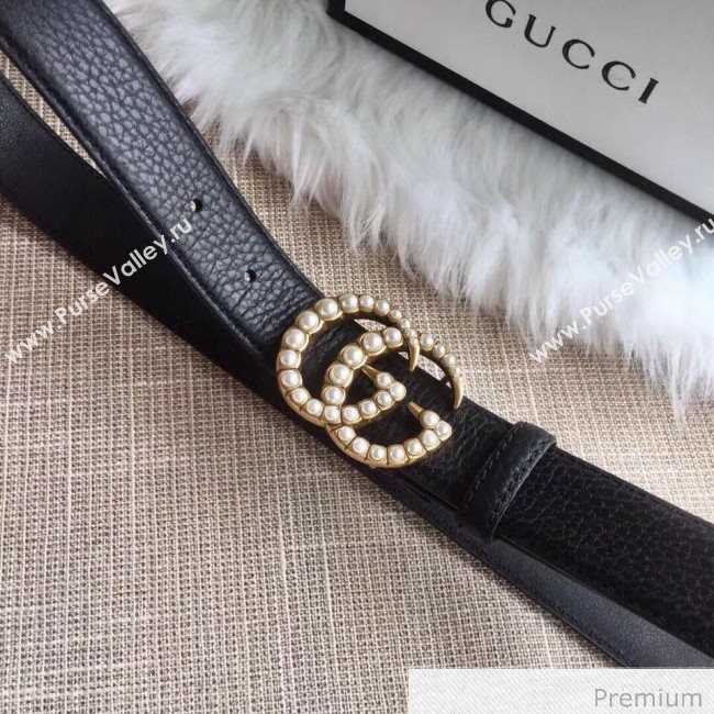 Gucci Leather Belt 20/30/40mm with Pearl GG Buckle Black 2020 (99-20070835)