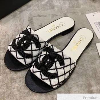 Chanel Pearl Check Embroidered Slide Sandals White/Black 2020 (MD-20070839)