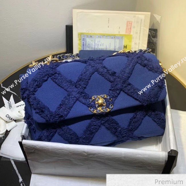 Chanel 19 Large Maxi-Quilted Fringe Canvas Flap Bag AS1161 Blue 2020 (FM-20070853)
