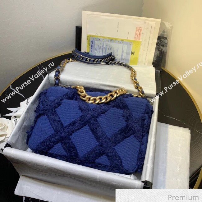 Chanel 19 Medium Maxi-Quilted Fringe Canvas Flap Bag AS1160 Blue 2020 (FM-20070852)