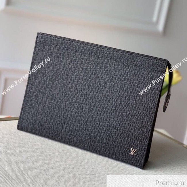 Louis Vuitton Mens Pochette Voyage Grained Leather Pouch with Silver LV Emblem M30450 Black 2020 (KI-20070906)