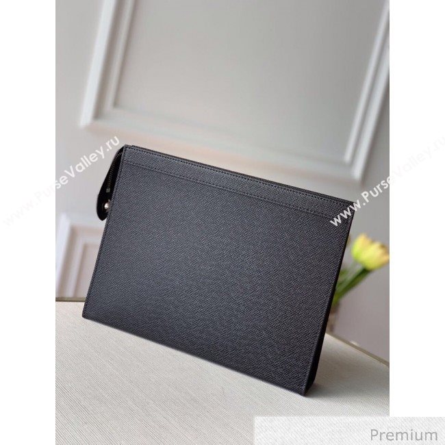 Louis Vuitton Mens Pochette Voyage Grained Leather Pouch with Silver LV Emblem M30450 Black 2020 (KI-20070906)