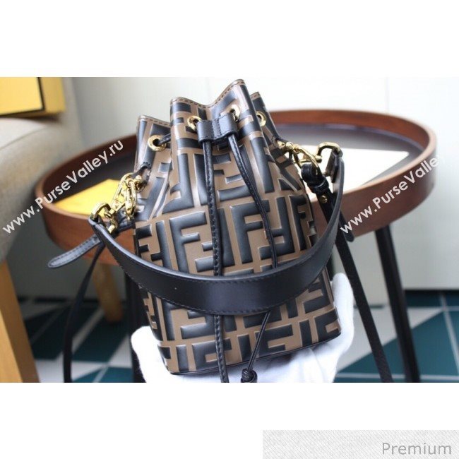 Fendi Mon Tresor Mini FF Leather Bucket Bag Brown/Black 2020 (AFEI-20071012)
