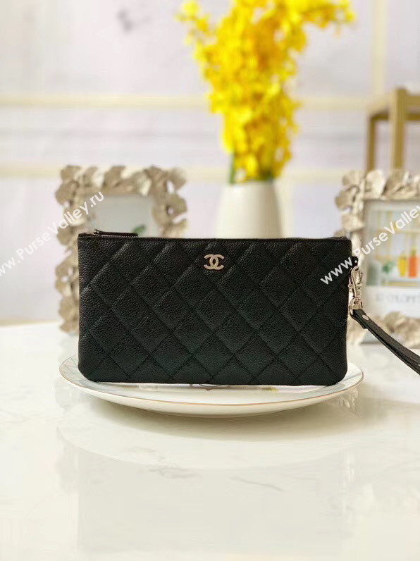 Chanel Grained Calfskin Clutch Bag & silver-Tone Metal A009 black