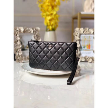 Chanel Lambskin Clutch Bag & silver-Tone Metal A010 black