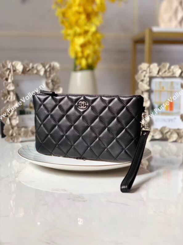 Chanel Lambskin Clutch Bag & silver-Tone Metal A010 black