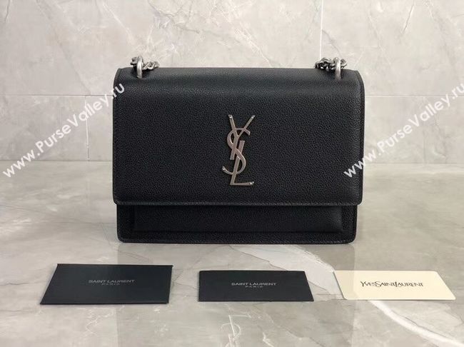 Yves Saint Laurent Calfskin Leather Shoulder Bag Y542206B black&silver-Tone Metal
